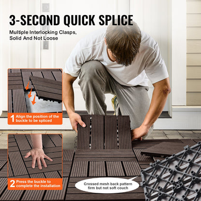 Interlocking Deck Tiles Plastic Wood, 10 Pack,12"x12" 10 sq. ft Waterproof Outdoor Flooring All Weather Use, Patio Floor Decking Covering Tiles for Porch Poolside Balcony Backyard, Dark Brown