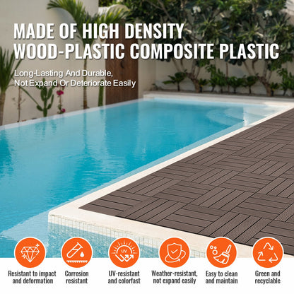 Interlocking Deck Tiles Plastic Wood, 10 Pack,12"x12" 10 sq. ft Waterproof Outdoor Flooring All Weather Use, Patio Floor Decking Covering Tiles for Porch Poolside Balcony Backyard, Dark Brown