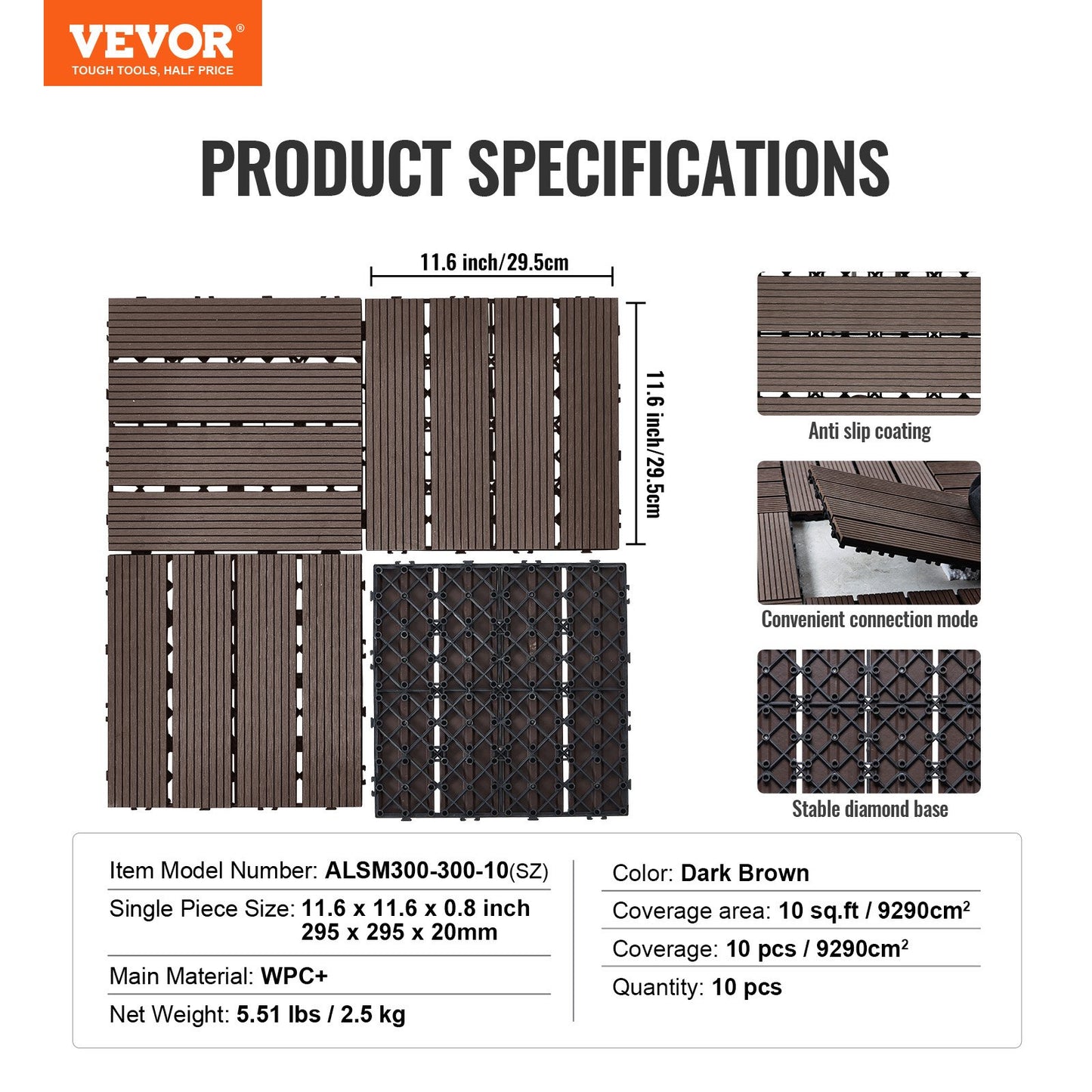 Interlocking Deck Tiles Plastic Wood, 10 Pack,12"x12" 10 sq. ft Waterproof Outdoor Flooring All Weather Use, Patio Floor Decking Covering Tiles for Porch Poolside Balcony Backyard, Dark Brown