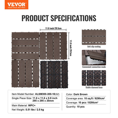 Interlocking Deck Tiles Plastic Wood, 10 Pack,12"x12" 10 sq. ft Waterproof Outdoor Flooring All Weather Use, Patio Floor Decking Covering Tiles for Porch Poolside Balcony Backyard, Dark Brown