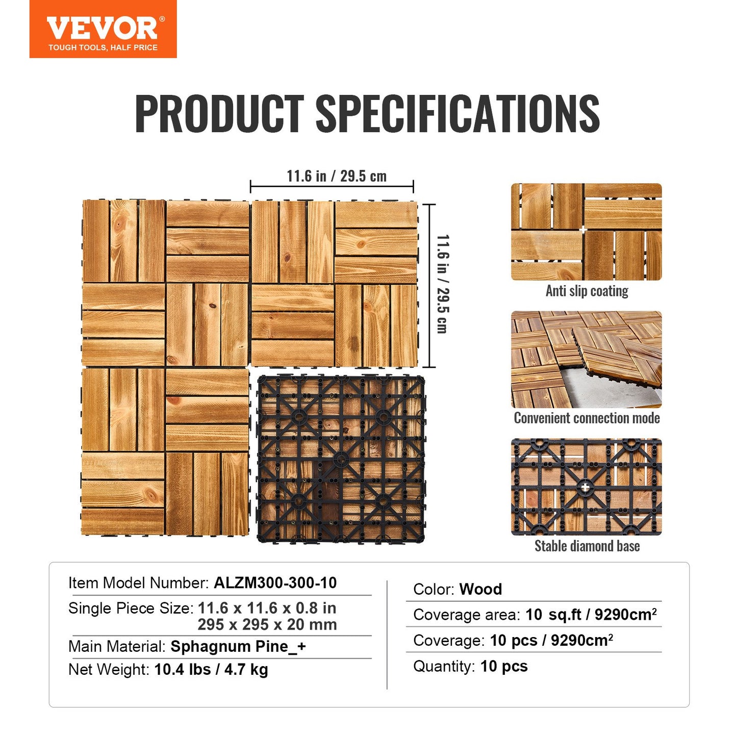 Interlocking Deck Tiles Solid Wood, 10 Pack,12"x12" Waterproof Camphor Pine Wood Flooring All Weather Use, Patio Floor Decking Covering Tiles for Porch Poolside Balcony Backyard, (Wooden)