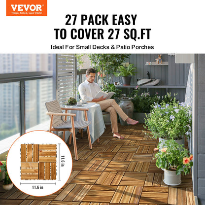 Interlocking Deck Tiles Solid Wood, 27 Pack,12"x12" Waterproof Camphor Pine Wood Flooring All Weather Use, Patio Floor Decking Covering Tiles for Porch Poolside Balcony Backyard, (Wooden)