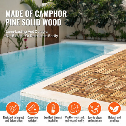 Interlocking Deck Tiles Solid Wood, 27 Pack,12"x12" Waterproof Camphor Pine Wood Flooring All Weather Use, Patio Floor Decking Covering Tiles for Porch Poolside Balcony Backyard, (Wooden)