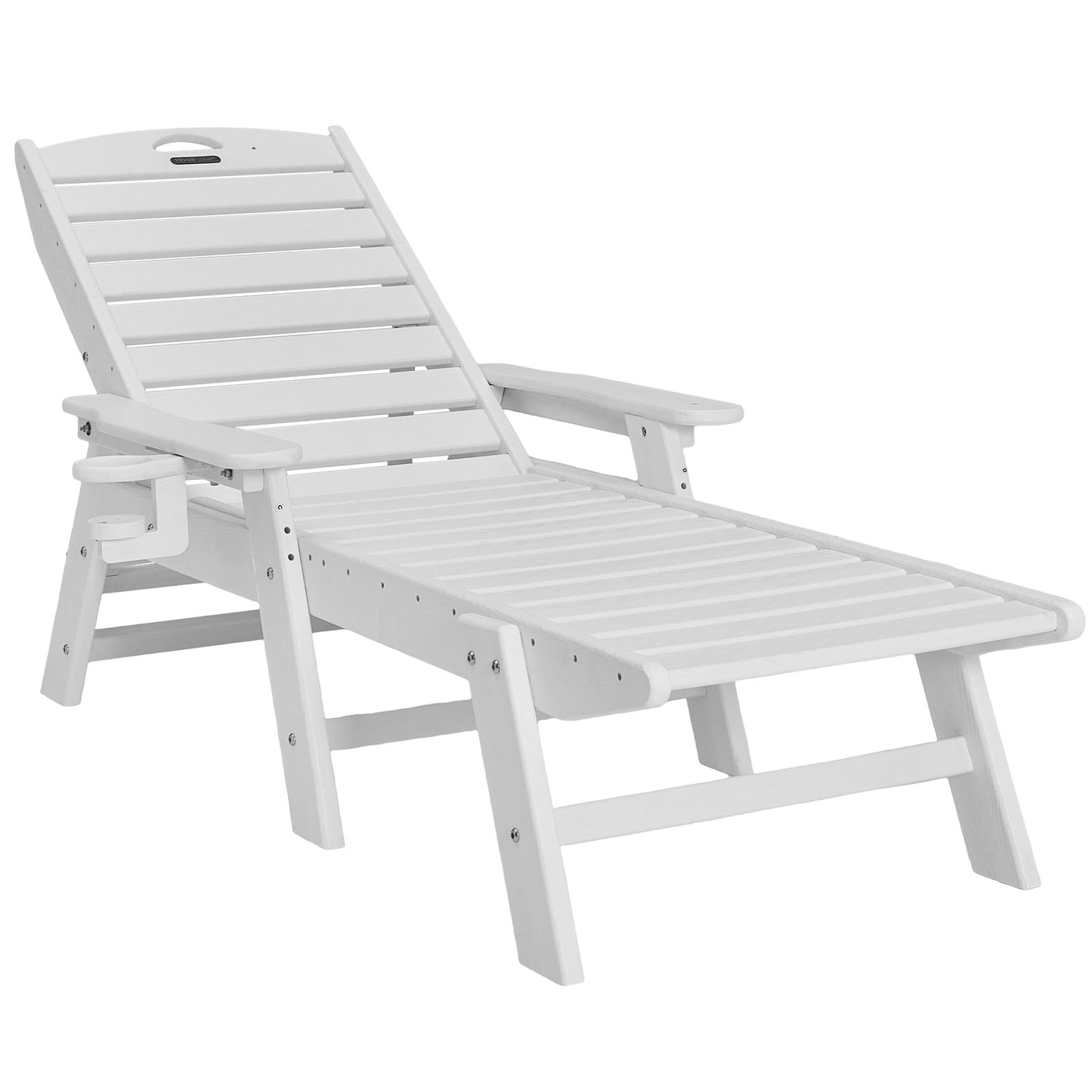 Chaise Lounge Chair, 181 kg Weight Capacity, 6 Positions Adjustable Patio Lounge Chair, Outdoor HDPE Lounge Chair with Backrest & Cup Holder, for Pool Poolside Deck Backyard Lawn, White