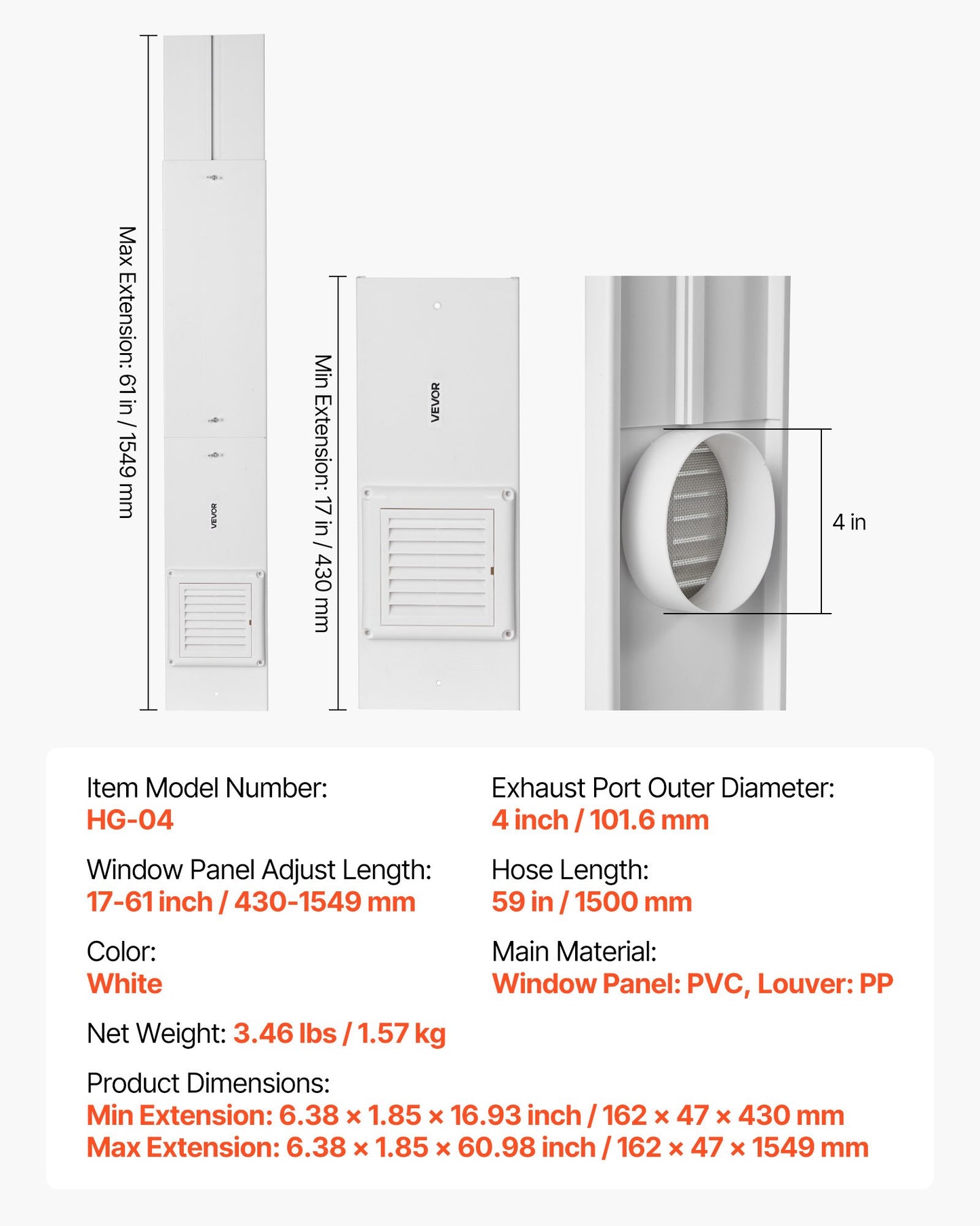 Dryer Vent Window Kit, Fits 101.6 mm Exhaust Hoses, Adjustable Length for Adapts Sliding Windows of Different Heights, Sturdy PVC and PP Materials, Dual Protections & Multi-layer Sealing Design