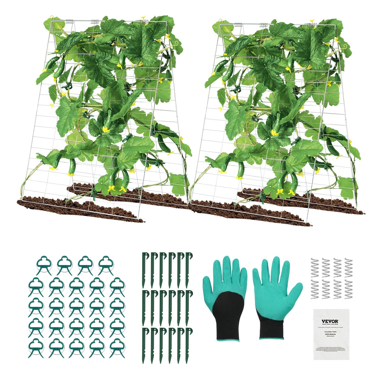 Cucumber Trellis for Climbing Plants, 35" x 55" Foldable Cucumber Trellis Set with Plant Clips, Metal Garden Trellis for Raised Bed, Outdoor Plant Grow Support for Tomato, Squash, Vegetable