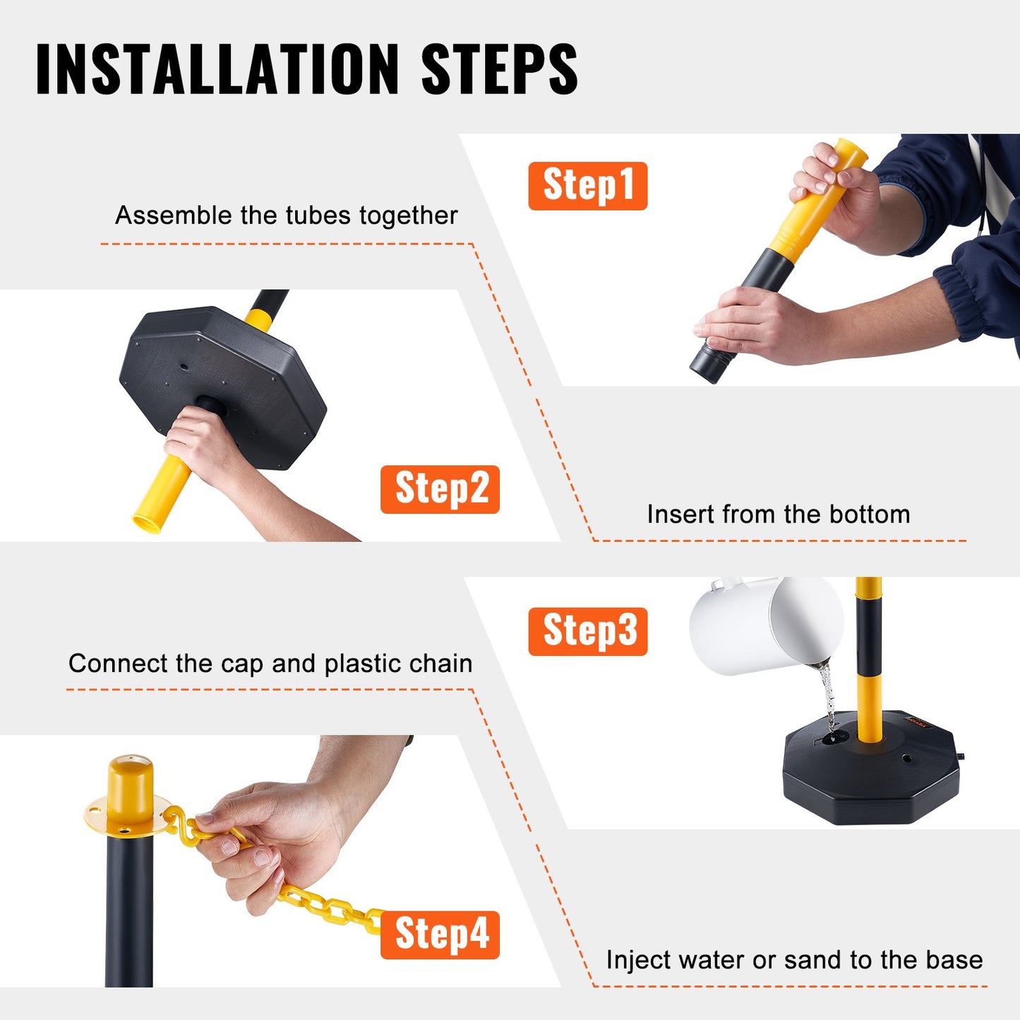 Adjustable Traffic Delineator Post Cones, 4 Pack, Traffic Safety Delineator Barrier with Fillable Base 8FT Chain, for Traffic Control Warning Parking Lot Construction Caution Roads, Yellow&Black