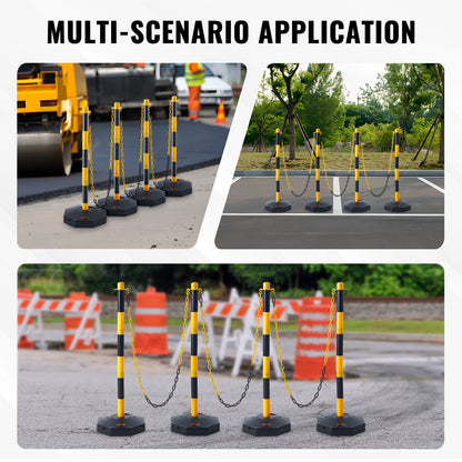 Adjustable Traffic Delineator Post Cones, 4 Pack, Traffic Safety Delineator Barrier with Fillable Base 8FT Chain, for Traffic Control Warning Parking Lot Construction Caution Roads, Yellow&Black