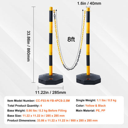 Adjustable Traffic Delineator Post Cones, 4 Pack, Traffic Safety Delineator Barrier with Fillable Base 8FT Chain, for Traffic Control Warning Parking Lot Construction Caution Roads, Yellow&Black
