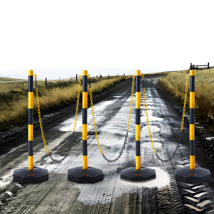 Adjustable Traffic Delineator Post Cones, 4 Pack, Traffic Safety Delineator Barrier with Fillable Base 8FT Chain, for Traffic Control Warning Parking Lot Construction Caution Roads, Yellow&Black