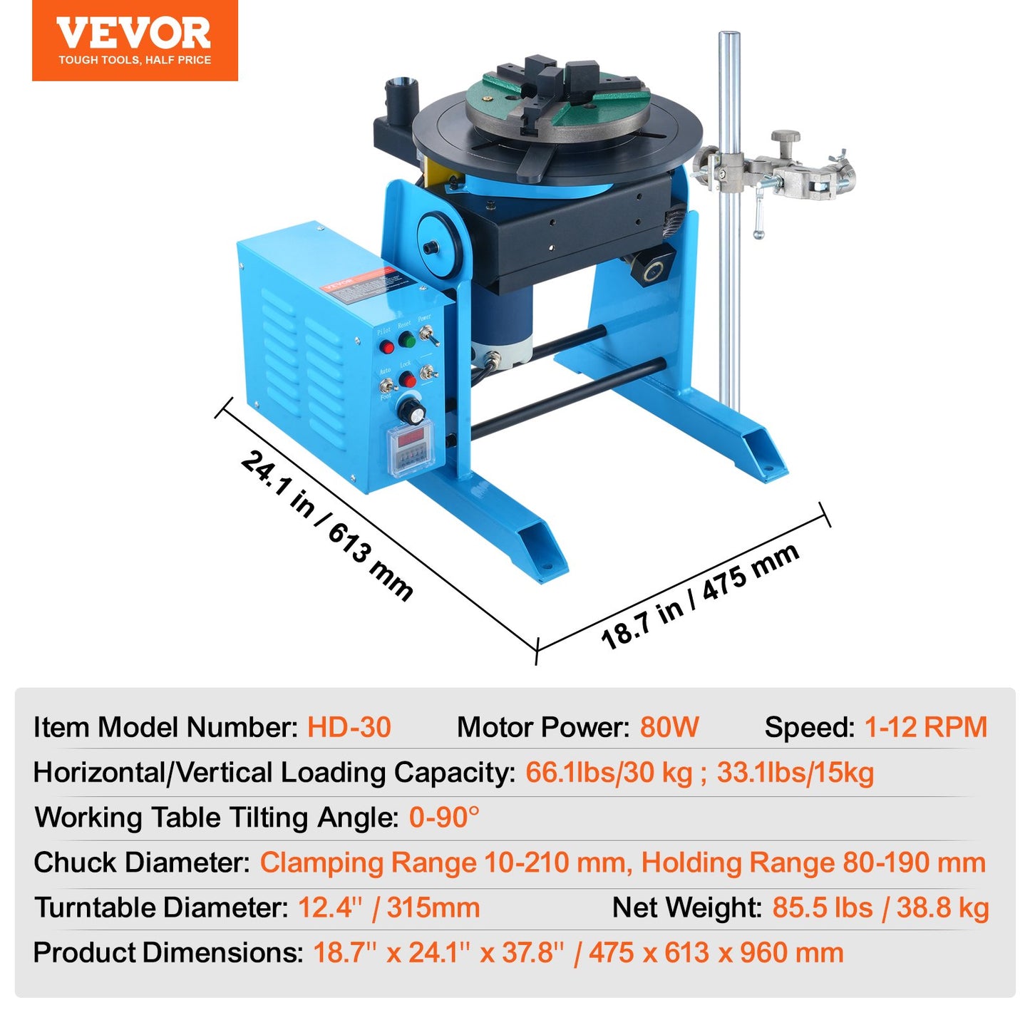 Rotary Welding Positioner 30KG, 0-90° Welding Positioning Turntable Table 1-12RPM 80W, with 12.4 Inch 3-Jaw Lathe Chuck & Welding Torch Stand Holder for Cutting, Grinding, Assembly, Testing