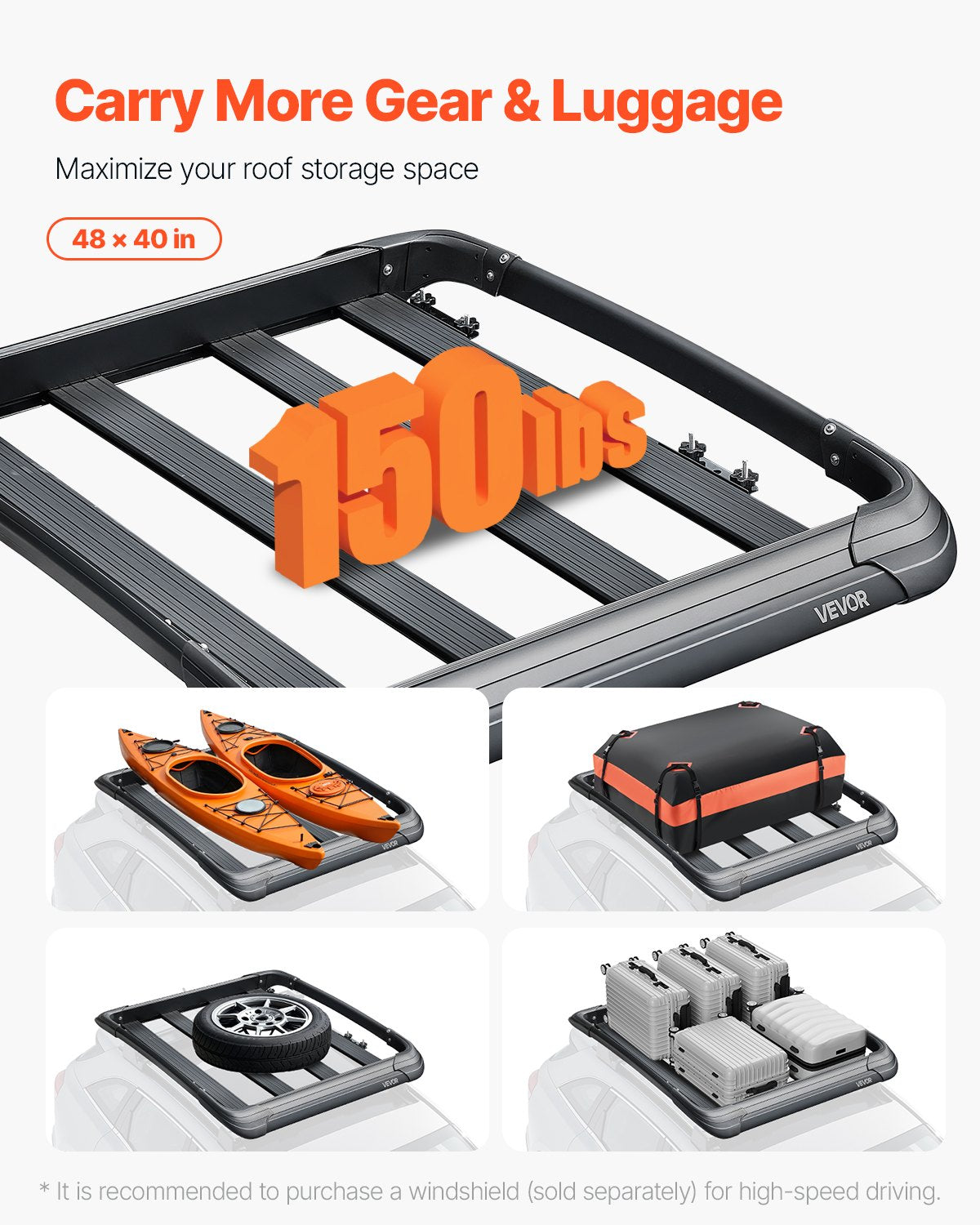 Roof Rack Cargo Carrier, 48 x 40 x 5.6 in, Universal Rooftop Cargo Basket, Car Top Luggage Holder with 150 lbs Max Load Capacity, 4.1 in Fence, Anti-Rust Alloy Steel, Wind Fairing, for SUV Car