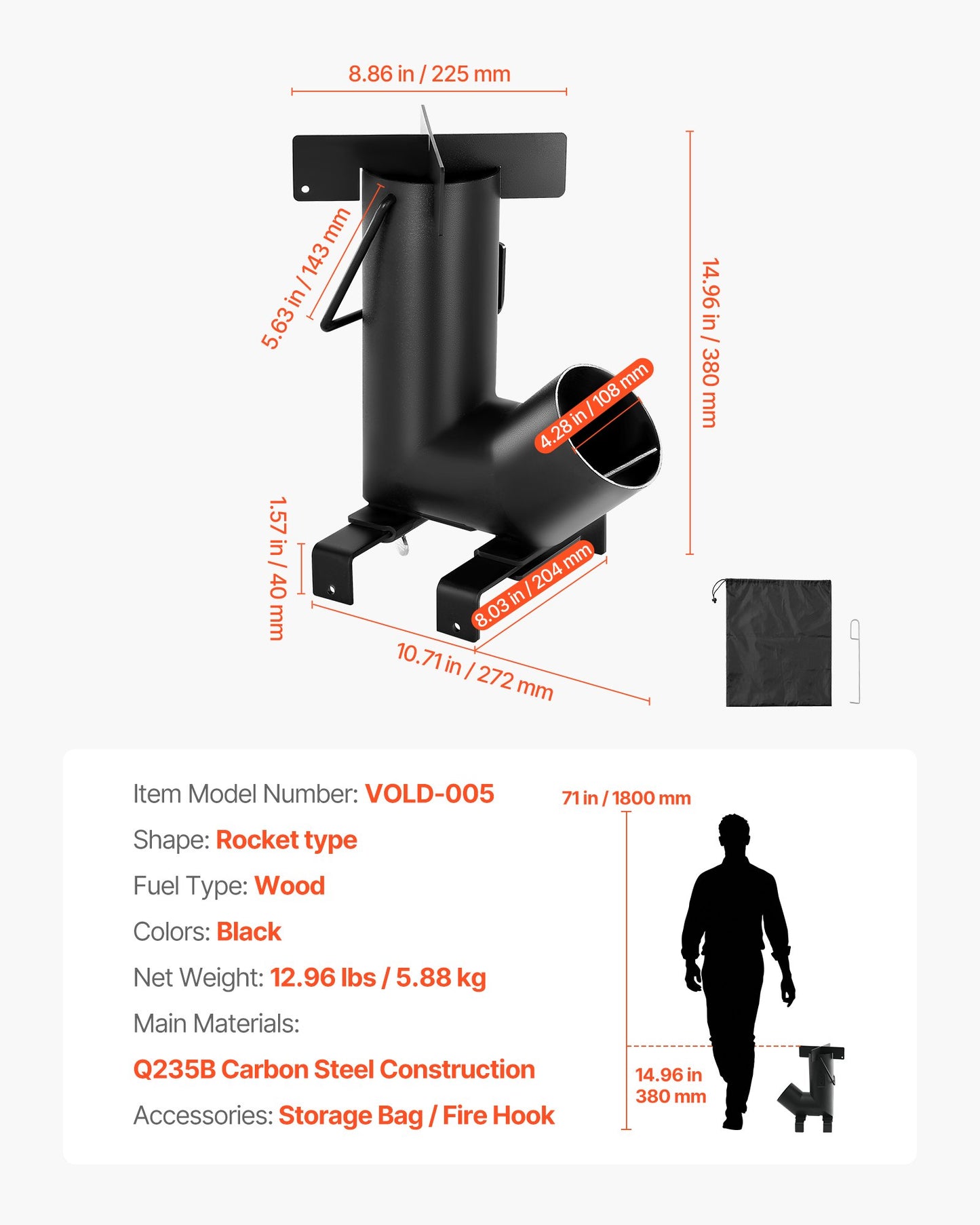 Camping-Raketenofen, tragbarer Holzofen mit Tragetasche für Rucksackreisen, Kohlenstoffstahl, zum Verbrennen von Holz, Zweigen oder Stöcken zum Kochen im Freien, im Garten, beim Camping, zum Heizen, Schwarz
