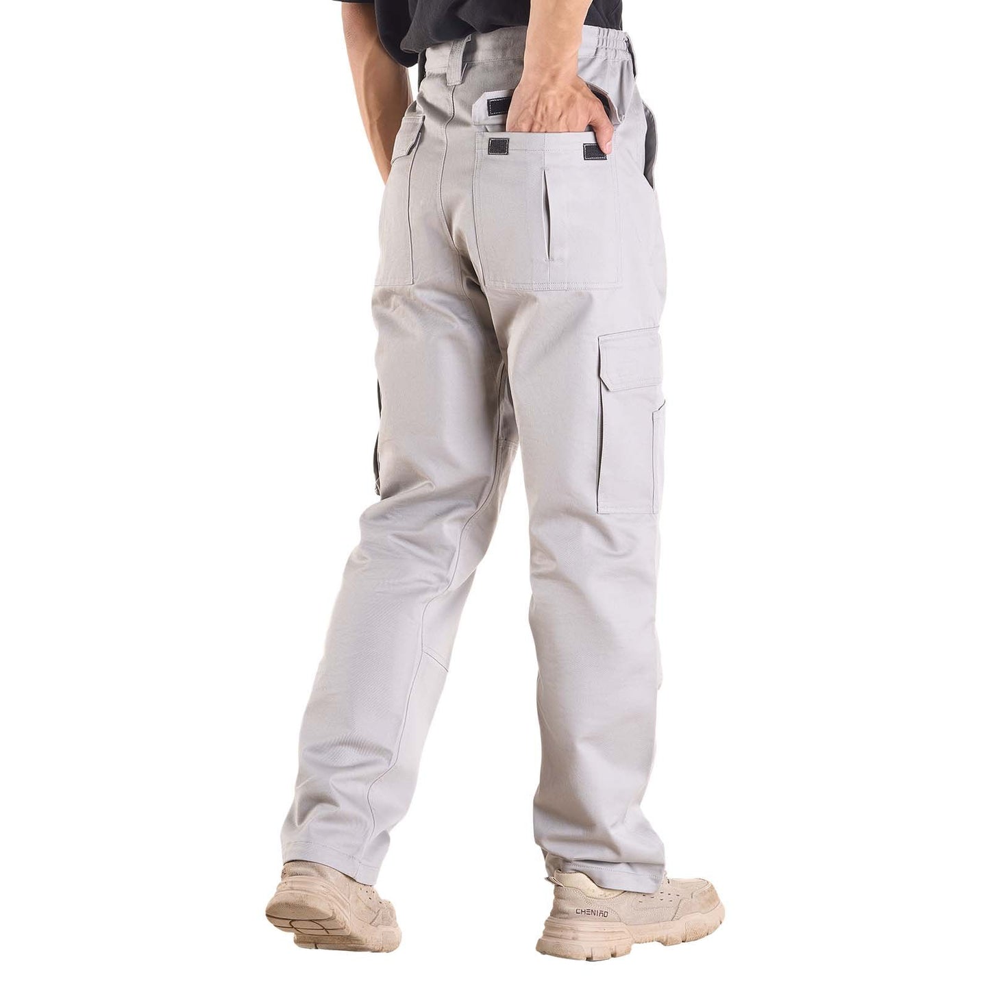 FR Pants for Men, 100% Cotton, Flame-Resistant Cargo Pants with Multi-Pockets and Elastic Waist, Reinforced Tear-proof Stitching, Ideal for Welding Work and Casual Wear, XXL Size, Gray