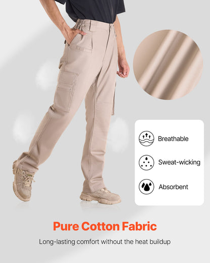 FR Pants for Men, 100% Cotton, Flame-Resistant Cargo Pants with Multi-Pockets and Elastic Waist, Reinforced Tear-proof Stitching, Ideal for Welding Work and Casual Wear, L Size, Khaki