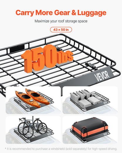 Roof Rack Cargo Carrier, 43 x 50 x 4.1 in, Universal Rooftop Cargo Basket, Car Top Luggage Holder with 150 lbs Max Load Capacity, 4.1 in Fence, Anti-Rust Alloy Steel, Wind Fairing, for SUV Car