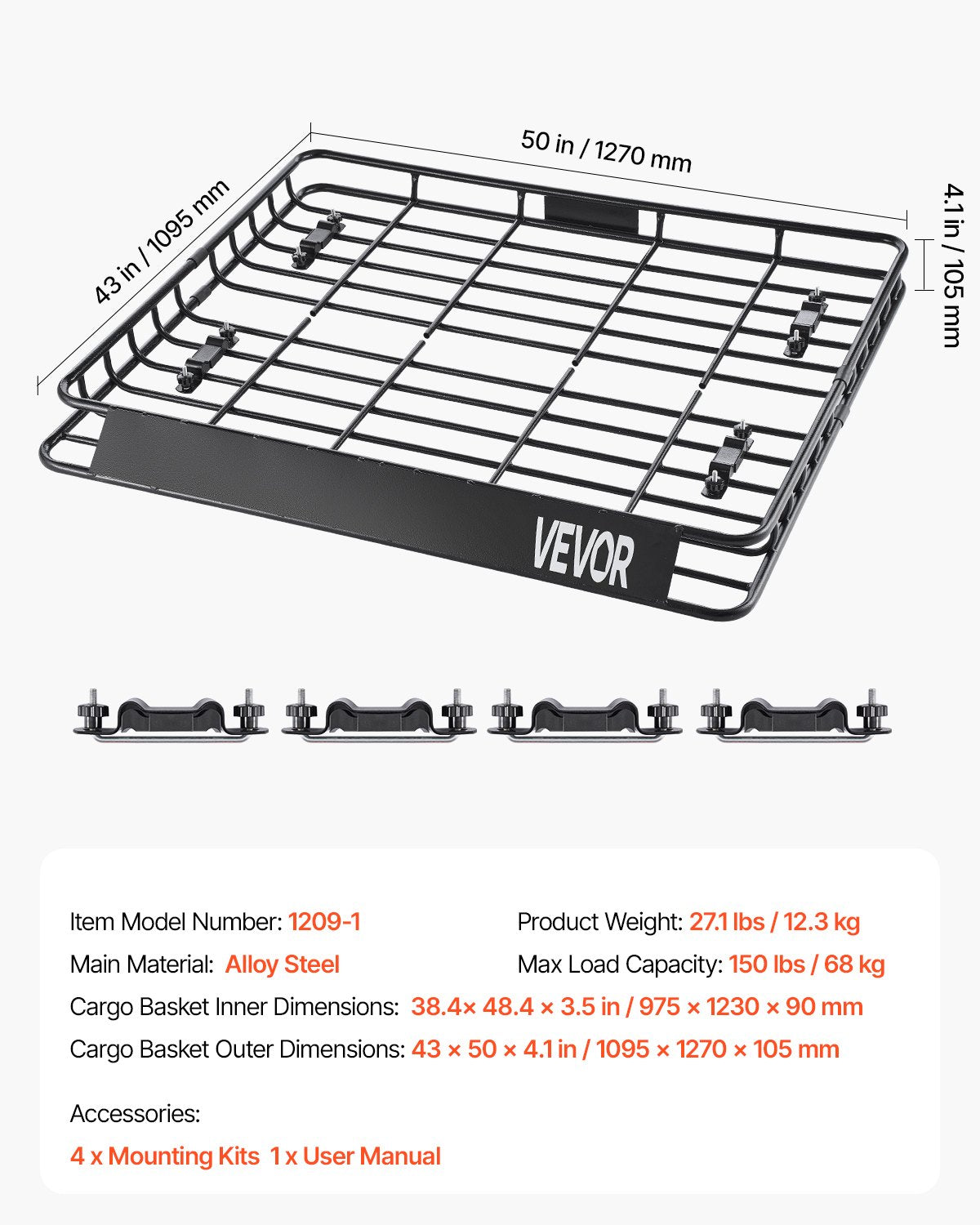 Roof Rack Cargo Carrier, 43 x 50 x 4.1 in, Universal Rooftop Cargo Basket, Car Top Luggage Holder with 150 lbs Max Load Capacity, 4.1 in Fence, Anti-Rust Alloy Steel, Wind Fairing, for SUV Car