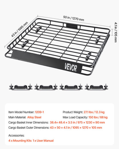 Roof Rack Cargo Carrier, 43 x 50 x 4.1 in, Universal Rooftop Cargo Basket, Car Top Luggage Holder with 150 lbs Max Load Capacity, 4.1 in Fence, Anti-Rust Alloy Steel, Wind Fairing, for SUV Car