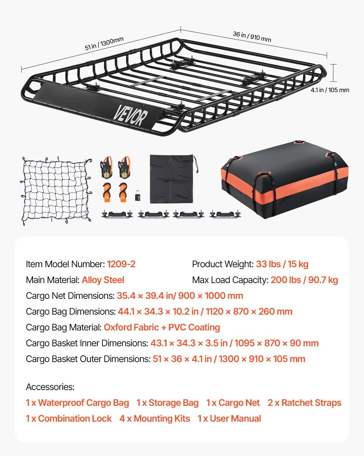 Roof Rack Basket, 51 x 36 x 4.1 in, Universal Rooftop Cargo Carrier with 1120 x 870 x 260 mm Cargo Bag, Net, Ratchet Straps, 200 lbs Max Load Capacity Car Top Luggage Holder, for SUV Truck Car