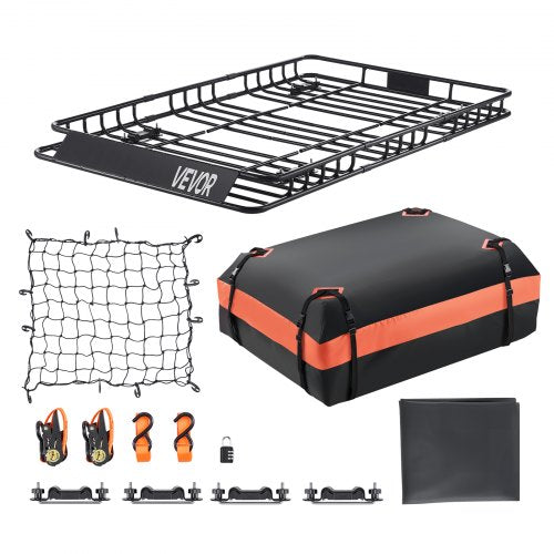 Roof Rack Basket, 64 x 39 x 4.1 in, Universal Rooftop Cargo Carrier with 44.1 x 34.3 x 10.2 in Cargo Bag, Net, Ratchet Straps, 250 lbs Max Load Capacity Car Top Luggage Holder, for SUV Truck Car