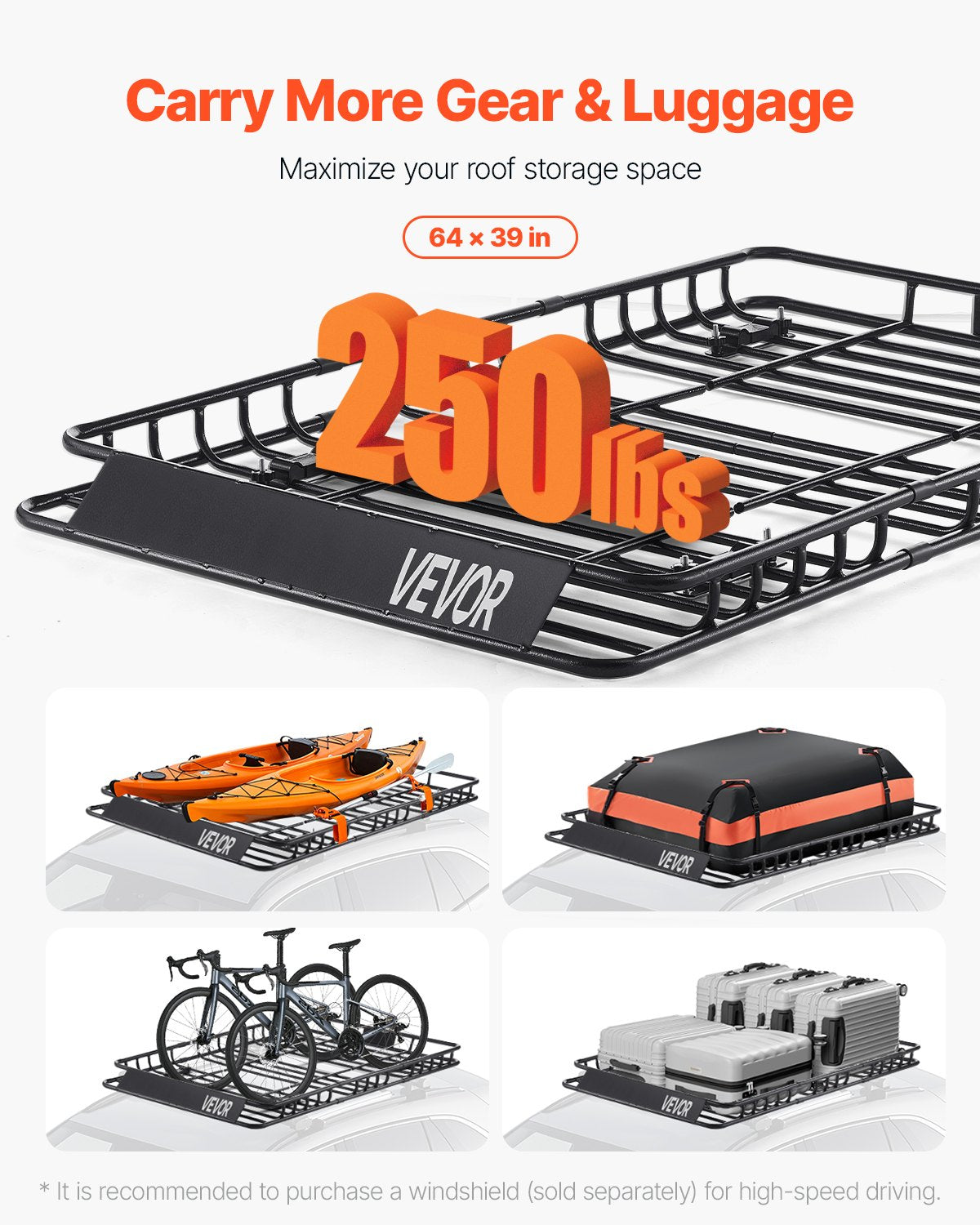 Roof Rack Basket, 64 x 39 x 4.1 in, Universal Rooftop Cargo Carrier with 44.1 x 34.3 x 10.2 in Cargo Bag, Net, Ratchet Straps, 250 lbs Max Load Capacity Car Top Luggage Holder, for SUV Truck Car
