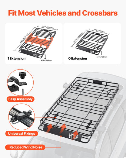 Roof Rack Basket, 64 x 39 x 4.1 in, Universal Rooftop Cargo Carrier with 44.1 x 34.3 x 10.2 in Cargo Bag, Net, Ratchet Straps, 250 lbs Max Load Capacity Car Top Luggage Holder, for SUV Truck Car