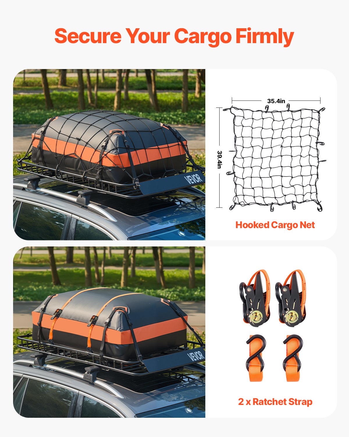 Roof Rack Basket, 64 x 39 x 4.1 in, Universal Rooftop Cargo Carrier with 44.1 x 34.3 x 10.2 in Cargo Bag, Net, Ratchet Straps, 250 lbs Max Load Capacity Car Top Luggage Holder, for SUV Truck Car