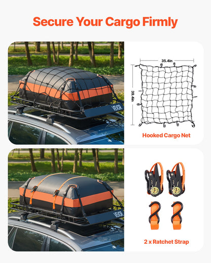 Roof Rack Basket, 64 x 39 x 4.1 in, Universal Rooftop Cargo Carrier with 44.1 x 34.3 x 10.2 in Cargo Bag, Net, Ratchet Straps, 250 lbs Max Load Capacity Car Top Luggage Holder, for SUV Truck Car