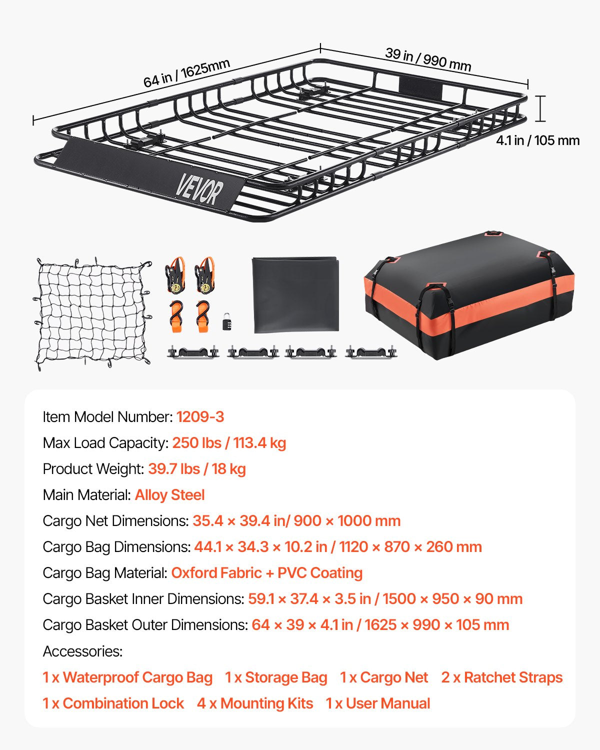 Roof Rack Basket, 64 x 39 x 4.1 in, Universal Rooftop Cargo Carrier with 44.1 x 34.3 x 10.2 in Cargo Bag, Net, Ratchet Straps, 250 lbs Max Load Capacity Car Top Luggage Holder, for SUV Truck Car