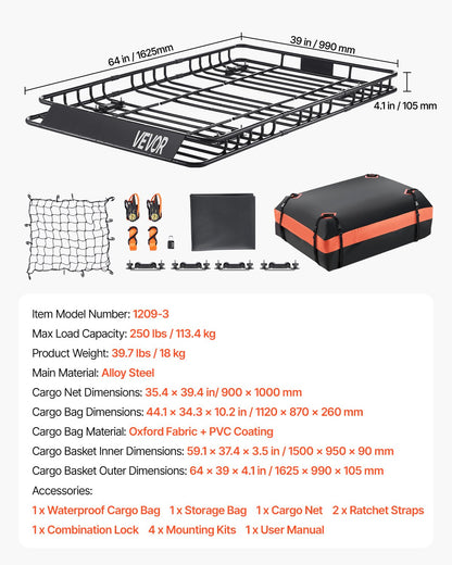 Roof Rack Basket, 64 x 39 x 4.1 in, Universal Rooftop Cargo Carrier with 44.1 x 34.3 x 10.2 in Cargo Bag, Net, Ratchet Straps, 250 lbs Max Load Capacity Car Top Luggage Holder, for SUV Truck Car