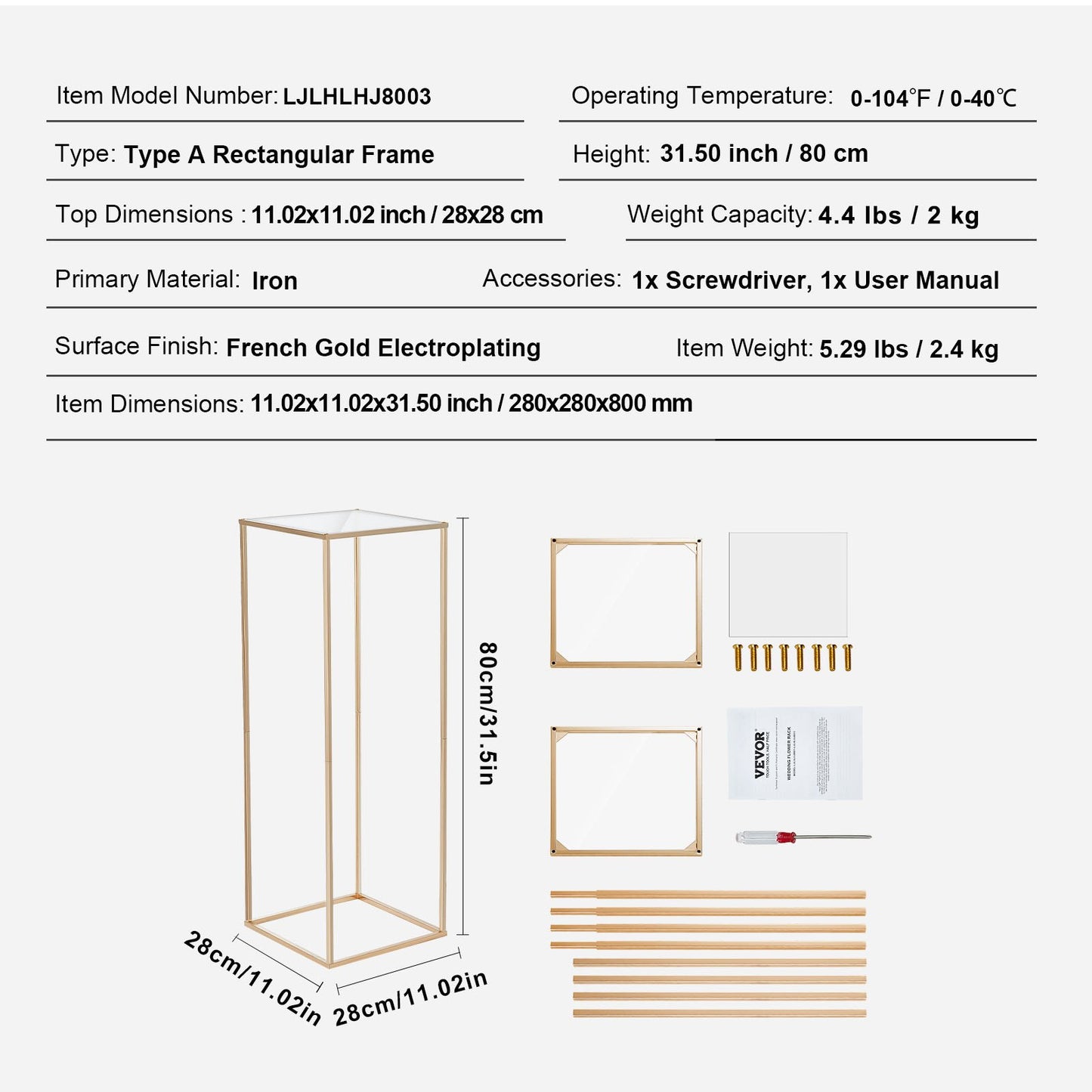 2PCS 31.5inch/80cm High Wedding Flower Stand, With Acrylic Laminate,Metal Vase Column Geometric Centerpiece Stands, Gold Rectangular Floral Display Rack for Events Reception, Party Decoration