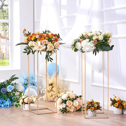 2PCS 31.5inch/80cm High Wedding Flower Stand, With Acrylic Laminate,Metal Vase Column Geometric Centerpiece Stands, Gold Rectangular Floral Display Rack for Events Reception, Party Decoration
