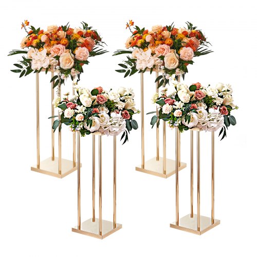 4PCS Gold Metal Column Wedding Flower Stand, 31.5inch/80cm High With Metal Laminate, Vase Geometric Centerpiece Stands, Cylindrical Floral Display Rack for Events Reception, Party Road Leads