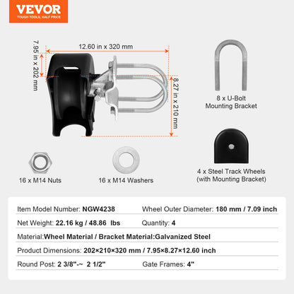 Sliding Gate Kit, Rolling Gate Hardware Kit w/ U-Shaped Wheel Groove for Cantilever Sliding Gates and Rolling Door, Sliding Gate Rollers 4 Track Wheels w/ Cover, Heavy Duty Sliding Roller,Black