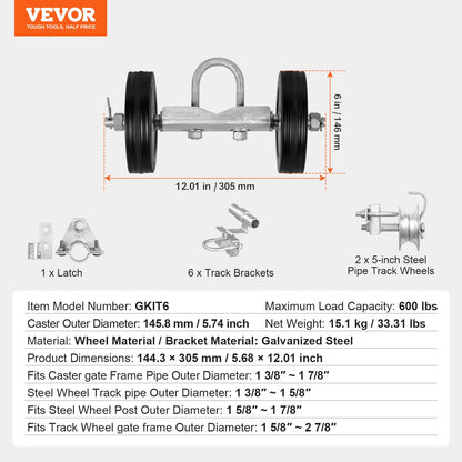 Sliding Gate Kit, 6” Rolling Gate Hardware Kit C-type, Wheel Carrier with Two 6" Wheels Support, Heavy Duty Sliding Gate Rollers for Connect Tracks Door Frames,Sliding Gate Guide Roller,600 lbs