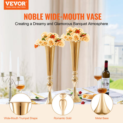 2PCS 56cm/22.05” Tall Wedding Flower Vase, Metal Wedding Trumpet Centerpiece, Gold Floral Stand Display Rack for Tables Wedding Dinner Party, Anniversary Ceremony Birthday Event Decor