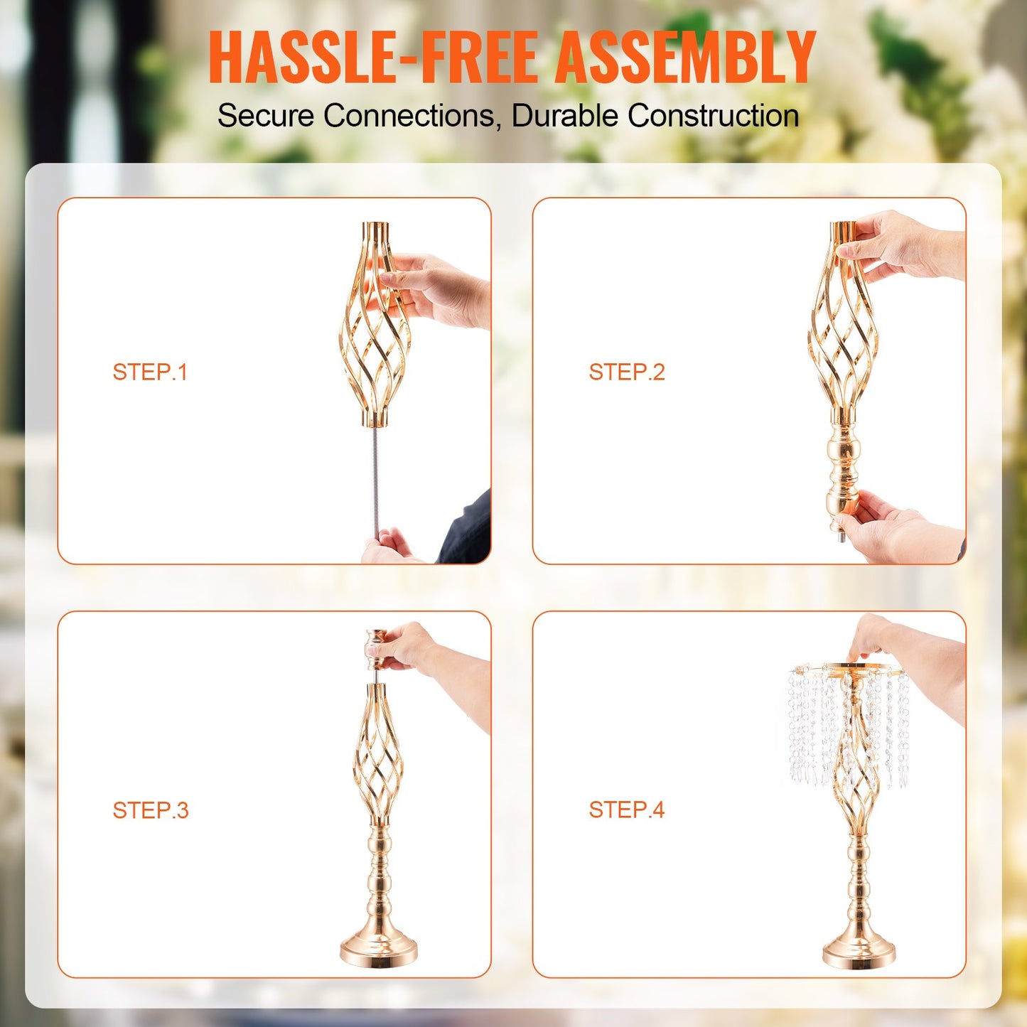 2PCS 55cm/21.65” Tall Crystal Wedding Flower Stand, Metal Wedding Centerpiece Vase, Gold Flower Holders Floral Display Rack for Tables Wedding Dinner Party, Ceremony Birthday Event Decor