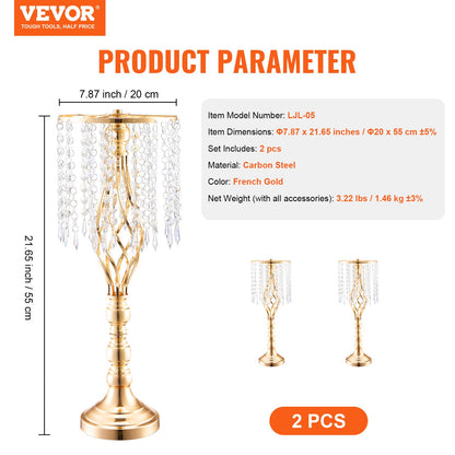 2PCS 55cm/21.65” Tall Crystal Wedding Flower Stand, Metal Wedding Centerpiece Vase, Gold Flower Holders Floral Display Rack for Tables Wedding Dinner Party, Ceremony Birthday Event Decor