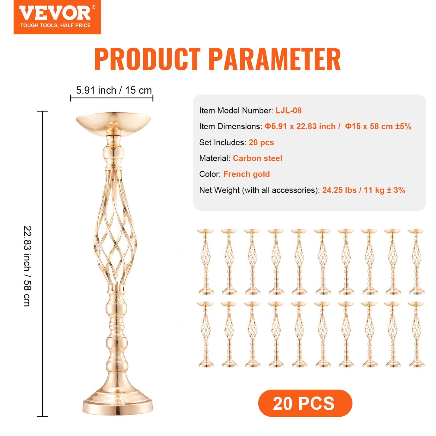 20PCS 58cm/22.83” Tall Wedding Flower Vase, Metal Wedding Centerpiece, Gold Floral Arrangement Stand Display Rack for Tables Wedding Dinner Party, Anniversary Ceremony Birthday Event Decor