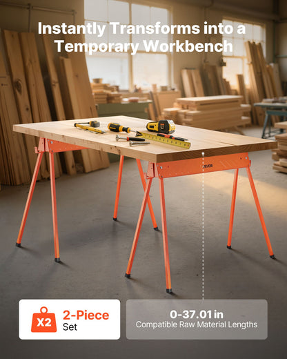 Saw Horses, 2 Pack Folding Work Horses, 299.4 kg Load Capacity Sawhorse with Heavy Duty Legs, All-Metal Portable Saw Horse with Non-Slip Foot Pads, for Woodworking, Carpenters & Contractors