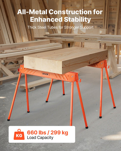 Saw Horses, 2 Pack Folding Work Horses, 299.4 kg Load Capacity Sawhorse with Heavy Duty Legs, All-Metal Portable Saw Horse with Non-Slip Foot Pads, for Woodworking, Carpenters & Contractors