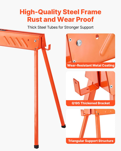 Saw Horses, 2 Pack Folding Work Horses, 299.4 kg Load Capacity Sawhorse with Heavy Duty Legs, All-Metal Portable Saw Horse with Non-Slip Foot Pads, for Woodworking, Carpenters & Contractors