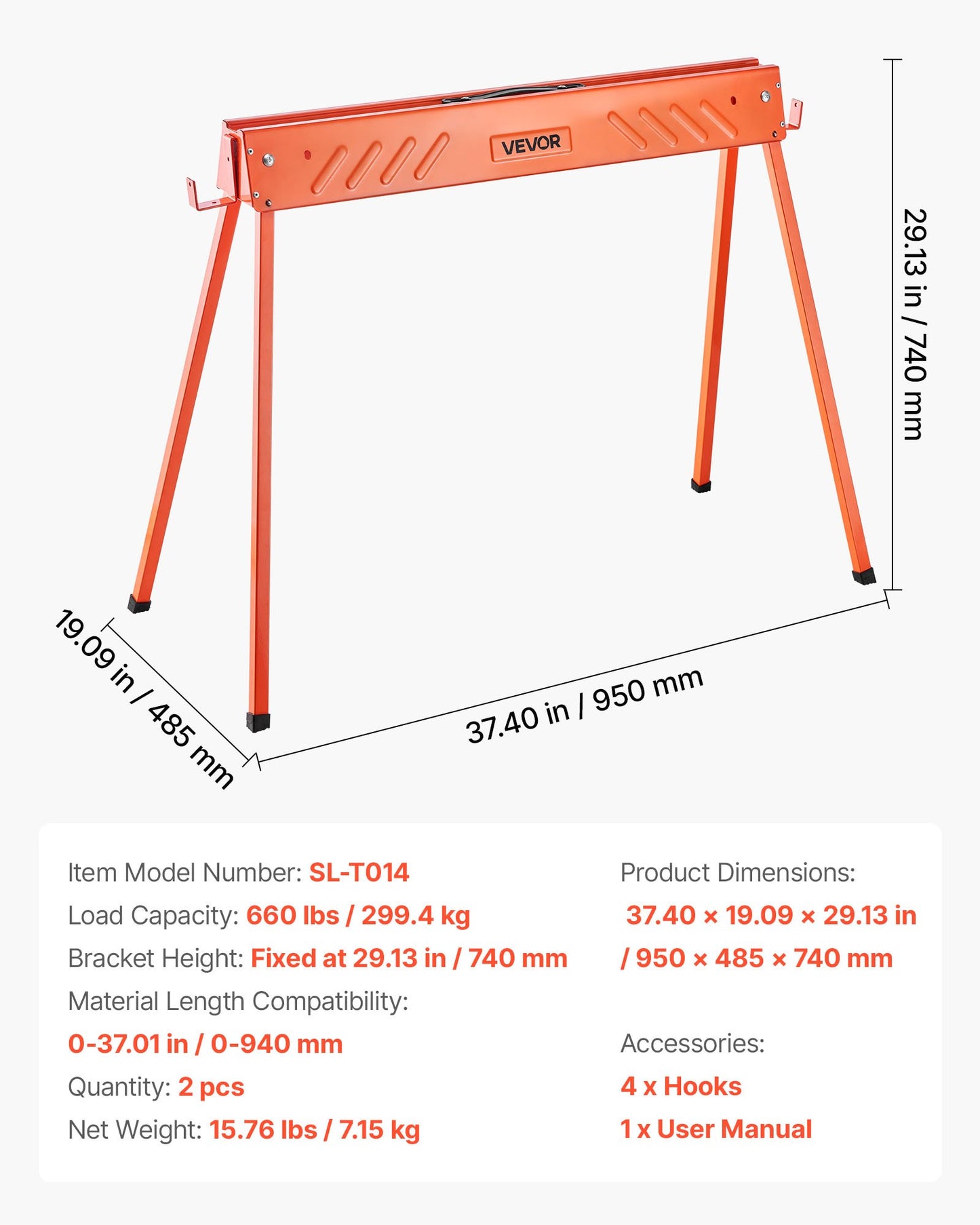 Saw Horses, 2 Pack Folding Work Horses, 299.4 kg Load Capacity Sawhorse with Heavy Duty Legs, All-Metal Portable Saw Horse with Non-Slip Foot Pads, for Woodworking, Carpenters & Contractors