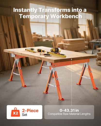 Saw Horses, 2 Pack Folding Work Horses, 816.5 kg Load Capacity Sawhorse with Heavy Duty Legs, Adjustable Height Saw Horse with Non-Slip Foot Pads, for Woodworking, Carpenters and Contractors