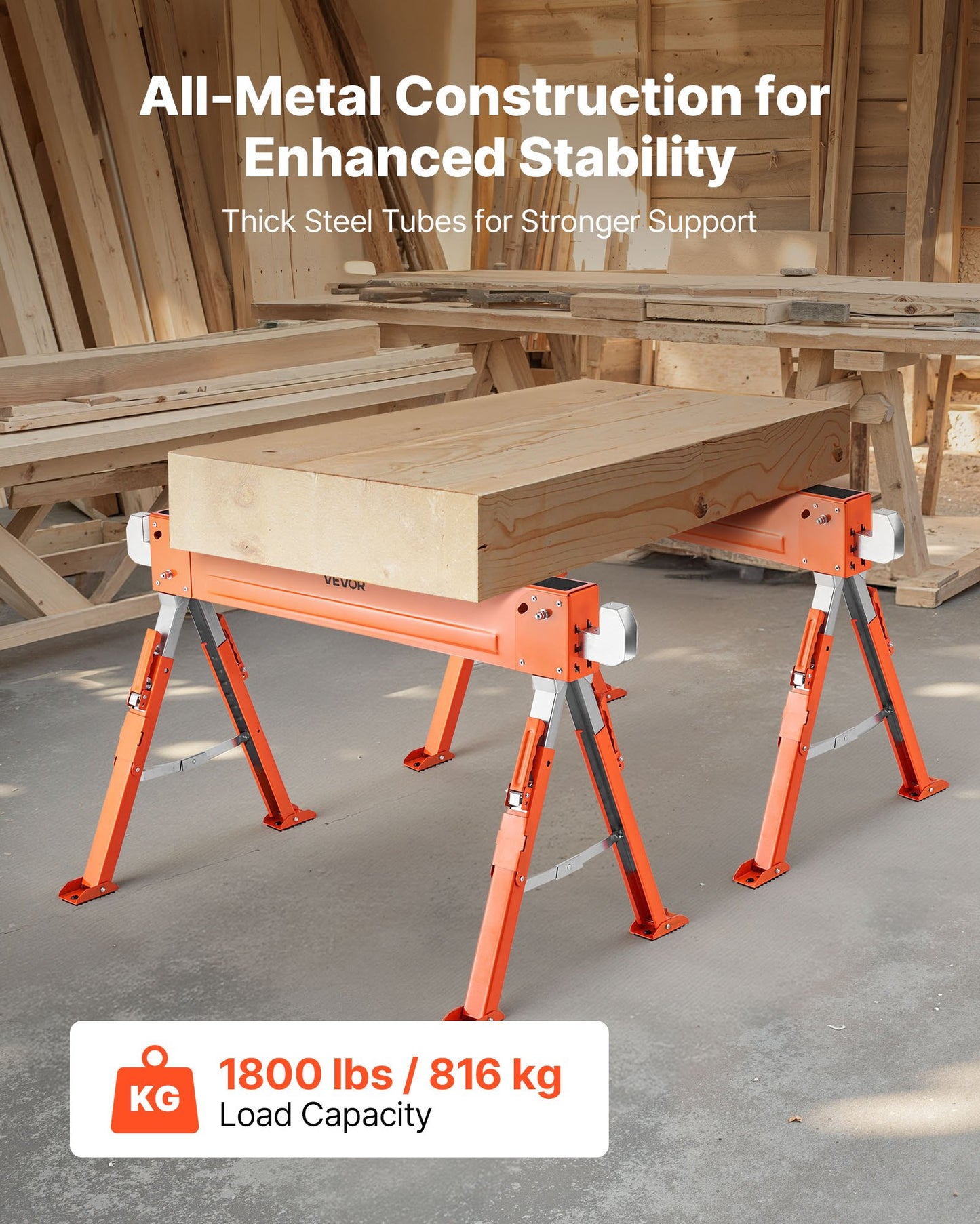 Saw Horses, 2 Pack Folding Work Horses, 816.5 kg Load Capacity Sawhorse with Heavy Duty Legs, Adjustable Height Saw Horse with Non-Slip Foot Pads, for Woodworking, Carpenters and Contractors