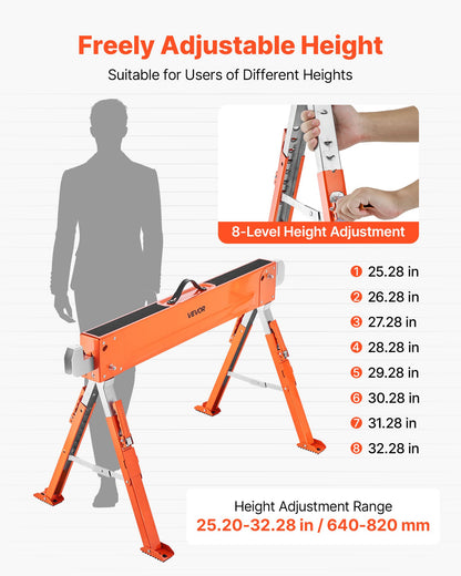 Saw Horses, 2 Pack Folding Work Horses, 816.5 kg Load Capacity Sawhorse with Heavy Duty Legs, Adjustable Height Saw Horse with Non-Slip Foot Pads, for Woodworking, Carpenters and Contractors