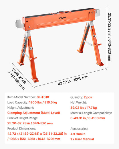 Saw Horses, 2 Pack Folding Work Horses, 816.5 kg Load Capacity Sawhorse with Heavy Duty Legs, Adjustable Height Saw Horse with Non-Slip Foot Pads, for Woodworking, Carpenters and Contractors