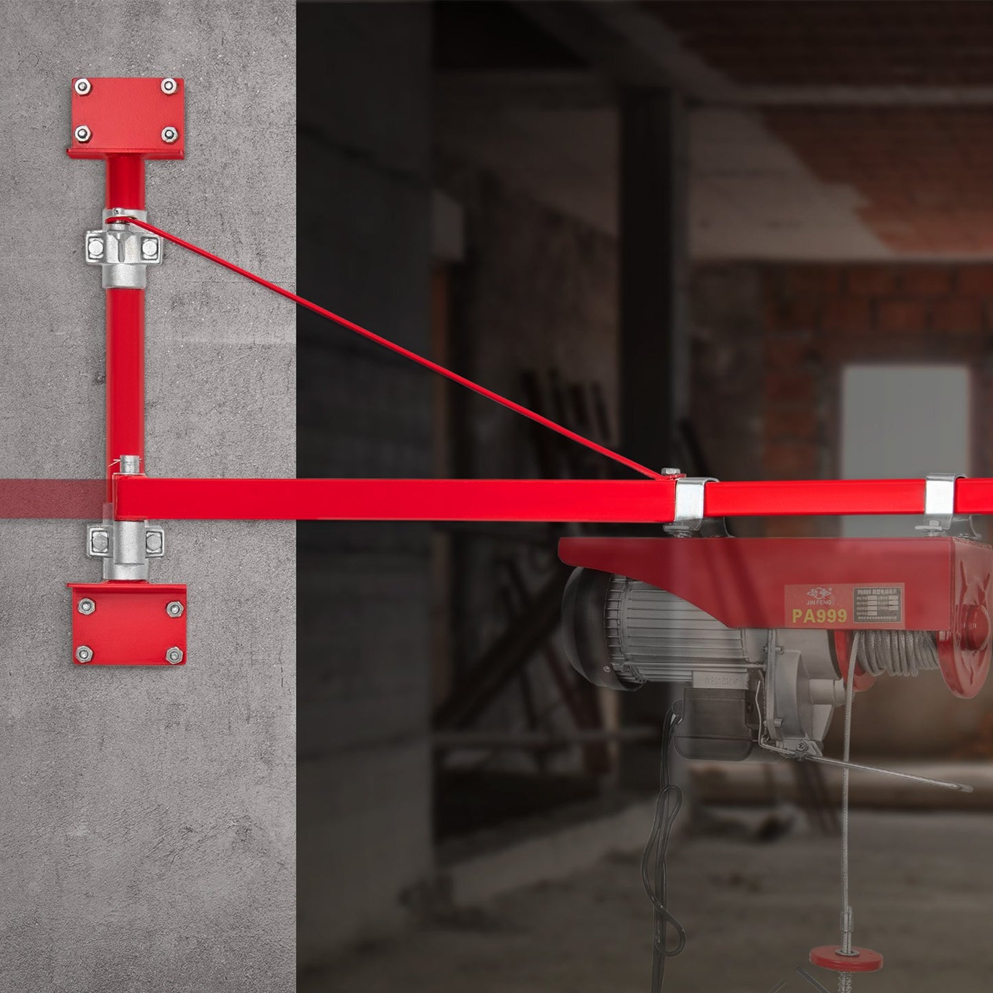 Electric Hoist Support Arm, 300 kg Max Load Capacity, Electric Hoist Holder Swing Arm with Pole, Steel Hoist Frame, 180° Swivel Scaffold Hoist Lifting Arm, Winch Hoist Arm for Workshop, Garage