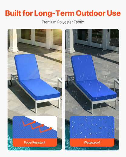 Liegestuhlkissen, 183 x 53,3 x 7,5 cm, wasserfest und farbecht, Ersatzkissen für Sonnenliegen mit Bändern, Terrassen- und Gartenliegenauflage, blau