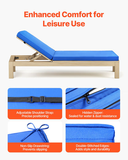 Liegestuhlkissen, 183 x 53,3 x 7,5 cm, wasserfest und farbecht, Ersatzkissen für Sonnenliegen mit Bändern, Terrassen- und Gartenliegenauflage, blau